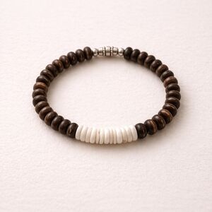 Boho Wood & Shell Bead Stretch Bracelet Surfer Unisex Neutral
